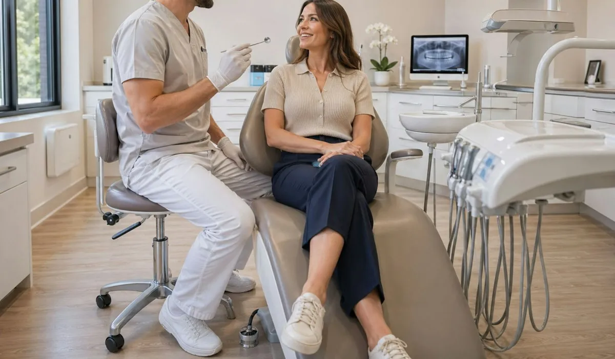 Dentista conversando con una paciente en la consulta